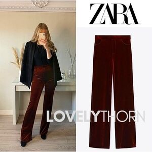ZARA // retro-chic coppery-molasses velvet high waist straight leg flare pants